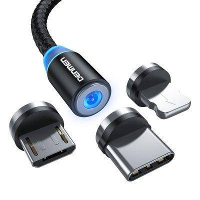 

Магнитный кабель 3 в 1 Denmen D09E, micro USB, Lightning, USB Type-C тканевый, Черный