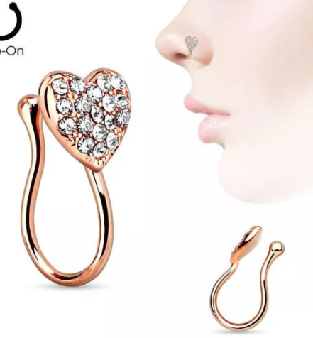 

Пирсинг - обманка в нос золотистое сердце с кристаллами