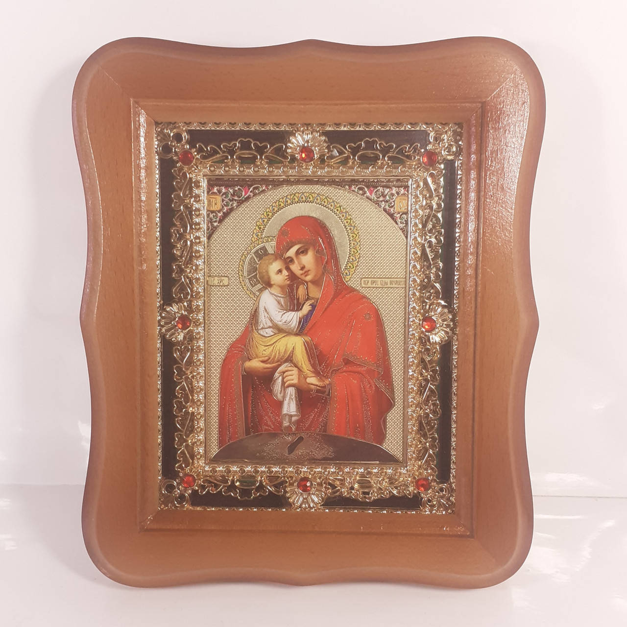 

Икона Пресвятая Богородица Почаевская, лик 10х12 см, в светлом деревянном киоте с камнями
