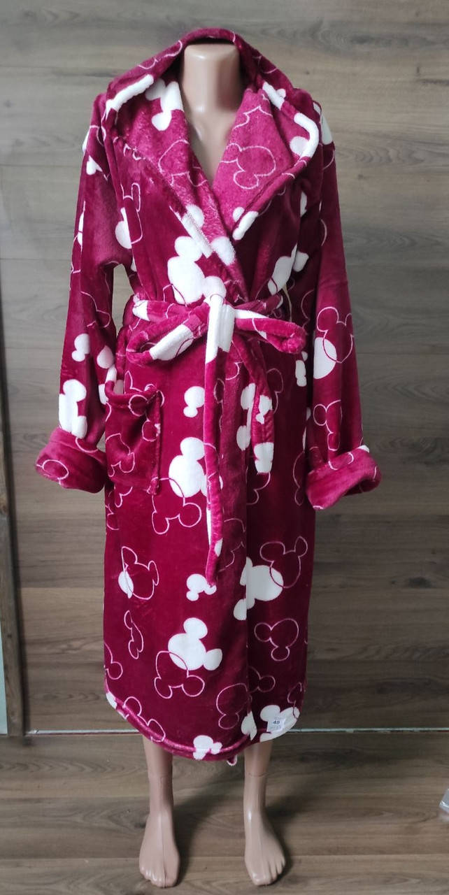 

Теплый женский халат, на запах, с капюшоном, махровый велсофт.48/50,52/54,56/58 56/58, Бордовый
