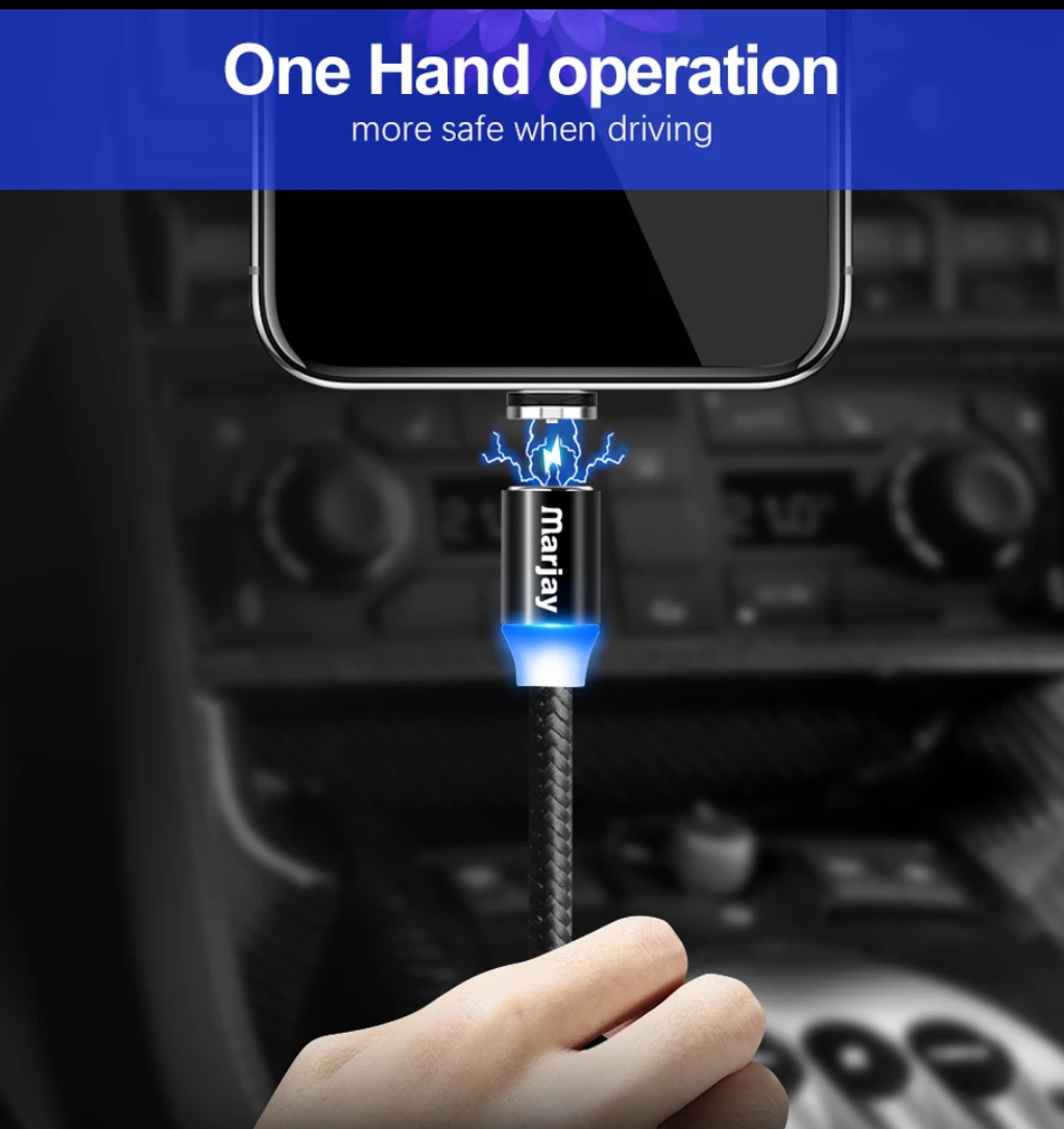 

Магнитная зарядка USLION магнитный кабель зарядка на магните Micro USB (для андроид)/USB 2A с подсветкой, 1 м, Черный