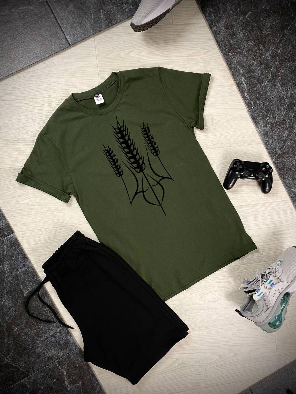 

Мужской летний комплект шорты футболка хаки-черный Герб колосок M, Разные цвета