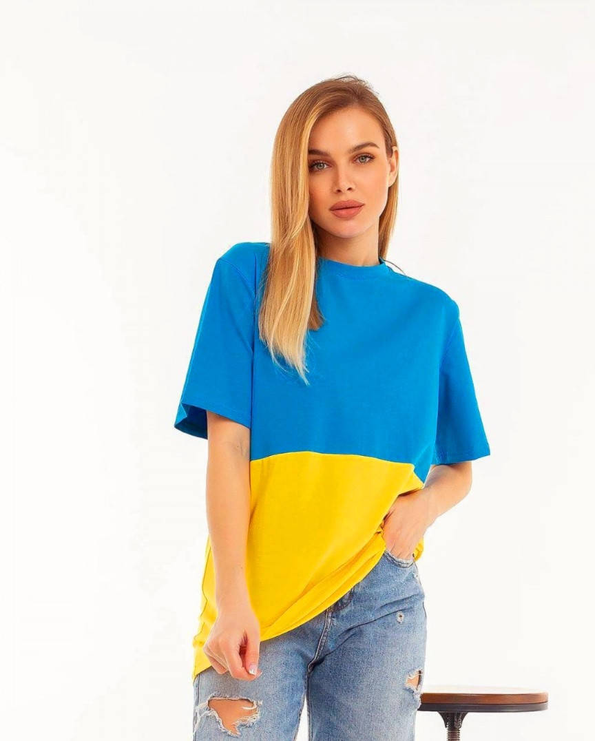 

Женская футболка оверсайз патриотическая "Сине - желтого цвета ", S, M, L, XL, 2XL, 3XL, двунитка