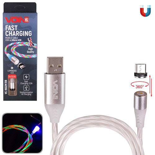 

Кабель магнитный Multicolor LED VOIN USB - Micro USB 3А, 2m, black (быстрая зарядка/передача данных (VC-1602M, Черный