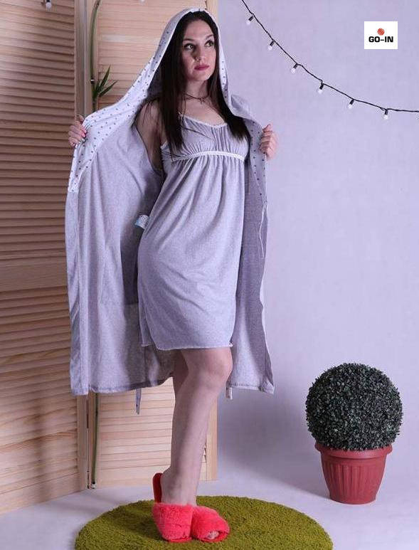 

Комплект молодежный халат с ночной, для беременных и кормящих мам серый р.42-54