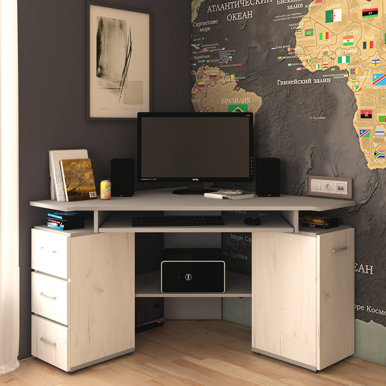 

Компьютерный угловой стол 110*110см с выдвижными ящиками "Пиксель Кут" Летро (15 вариантов цвета), Белый