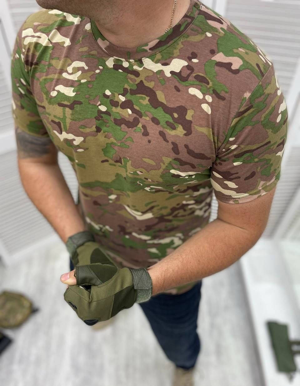 

Армейская камуфляжная футболка мультикам с коротким рукавом, Зелёный