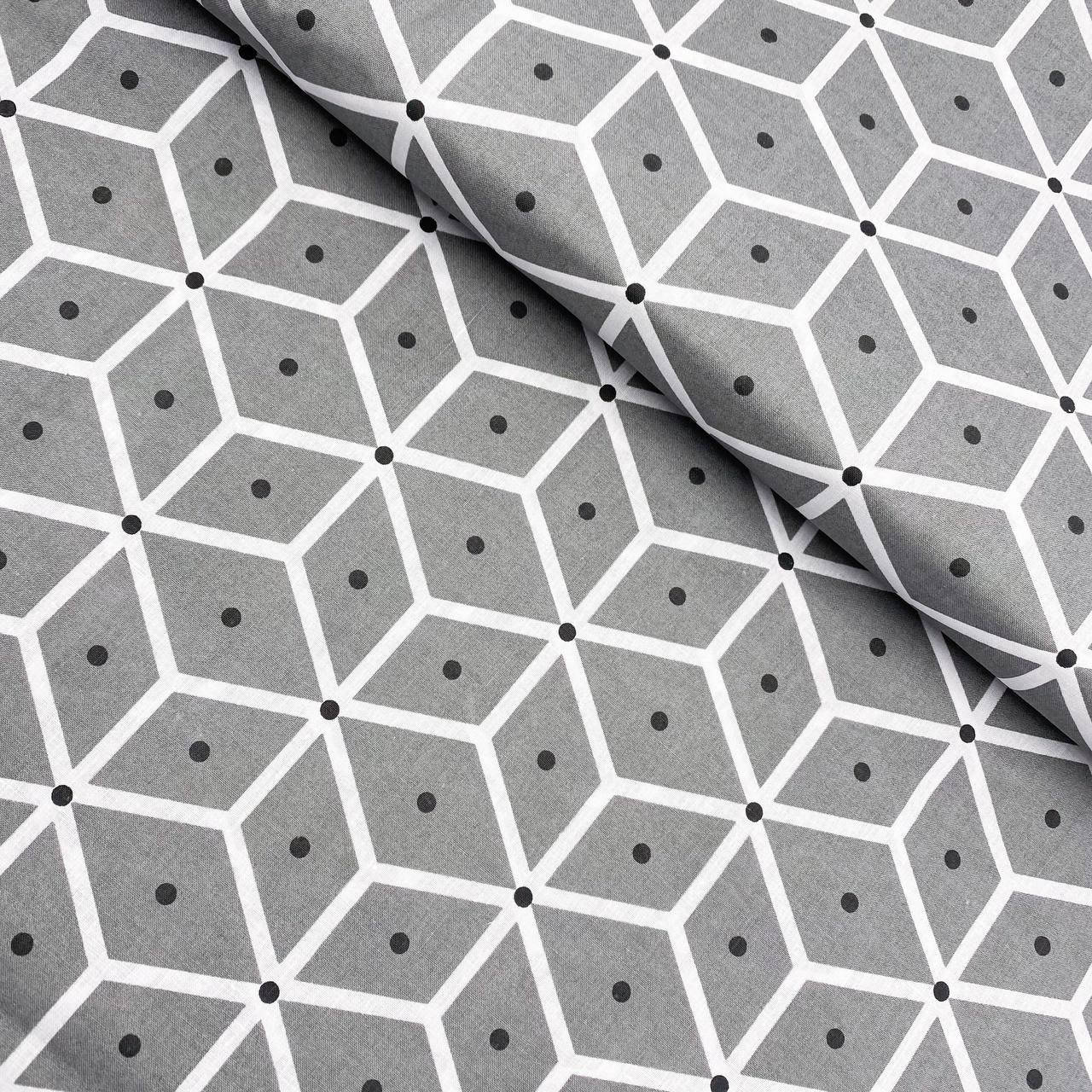 

Бязь Gold хлопковая "Черные точки в белых ромбах на сером" 220 см, Разные цвета