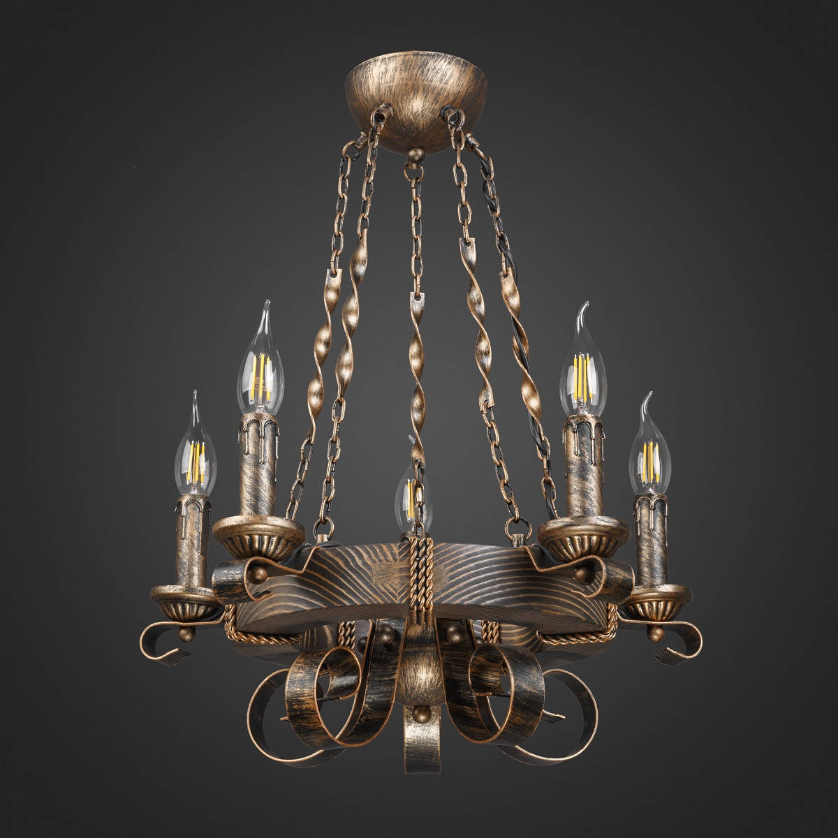 

Люстра деревянная Колесо на цепи 5 ламп, дерево венге, металл патина бронза, D-50см, ФС 069