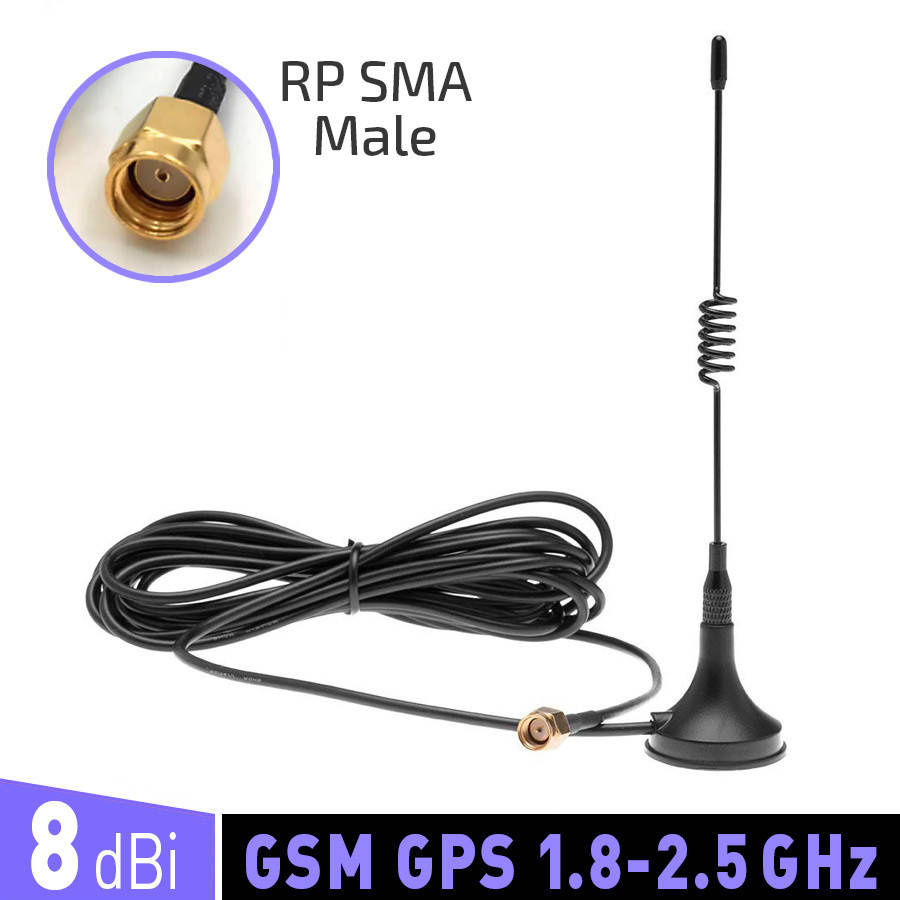 

Антенна универсальная GSM GPS 4G LTE 8 dBi выносная внешняя автомобильная 3 метра RP SMA Male