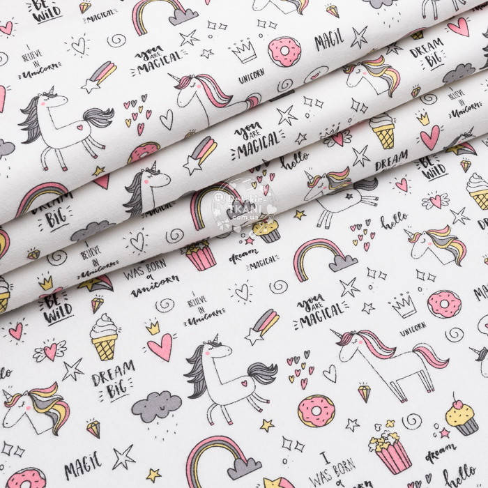 

Фланель "Единороги и сладости" на белом, ширина 240 см, Розовый