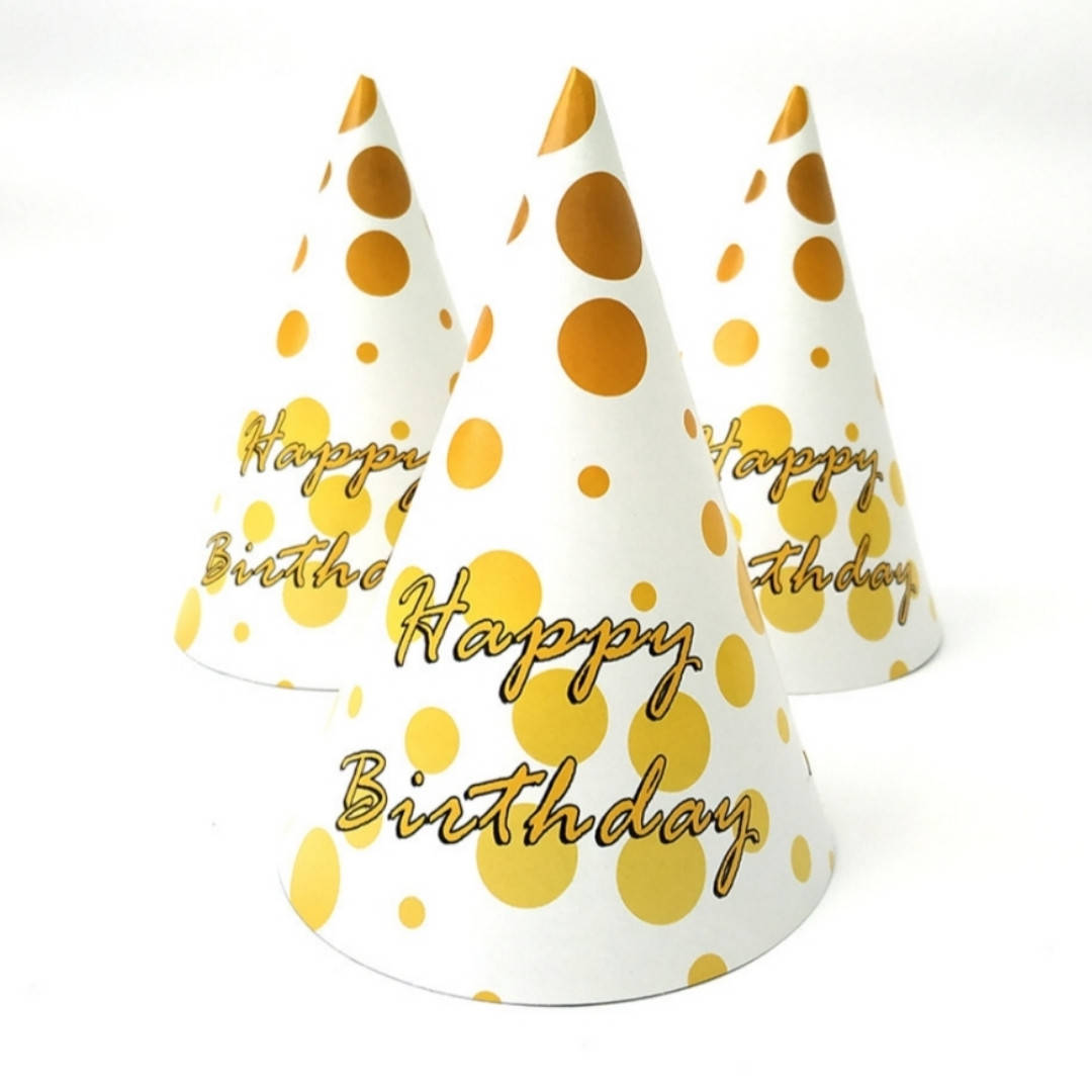 

Колпак праздничный "Happy birthday горошек золотой"