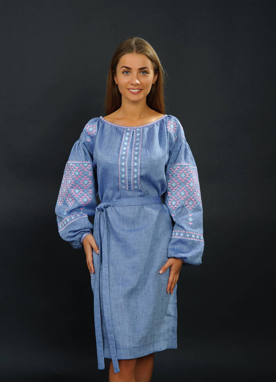

Платье с украинской вышивкой, лен, арт. 4145 50, Голубой