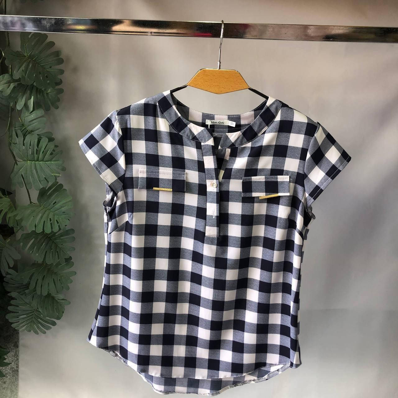 

Женская блузка с коротким рукавом в клетку софт размеры 50 52 54 56 женские блузки и туники, Синий