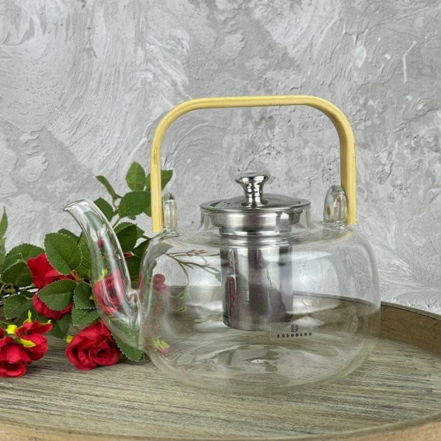 

Чайник для заварки чая 800мл деревянная ручка Edenberg EB-19051 Чайник заварник стеклянный с нержавеющим ситом, Прозрачный