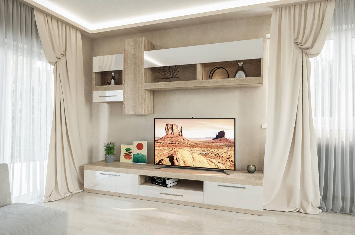 

Стенка Пальмира СМ Белый Глянец / Сонома Світ Меблів