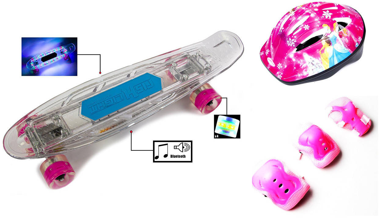 

+ Шлем + Защита + Пенни Борд Penny Board 22Д розовый цвет Музыкальная и светящаяся дека
