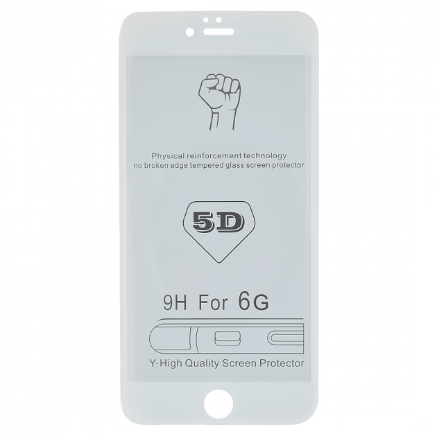 

Защитное стекло 5D на весь экран для iPhone 6 6s белое клей по всей поверхности, Белый