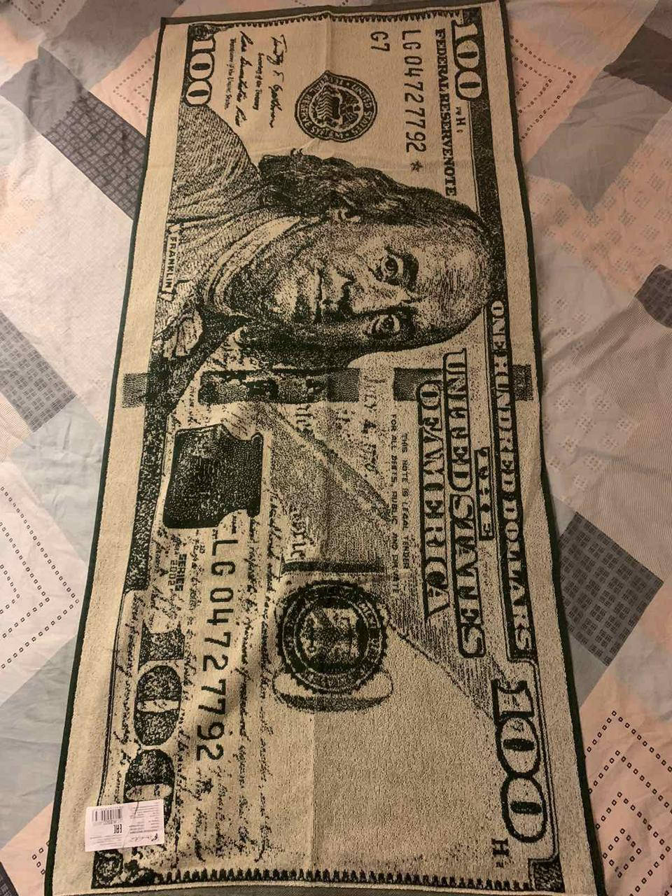 

Стильное велюровое пляжное полотенце с печатным принтом "100 долларов" большое размер 150х67 см, Белый