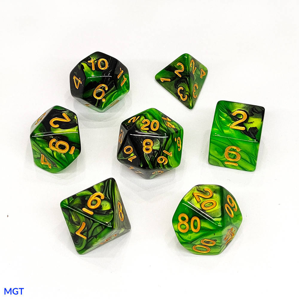

Кубы зелёные, мраморные с желтой точкой. Набор из 7 шт для RPG систем.