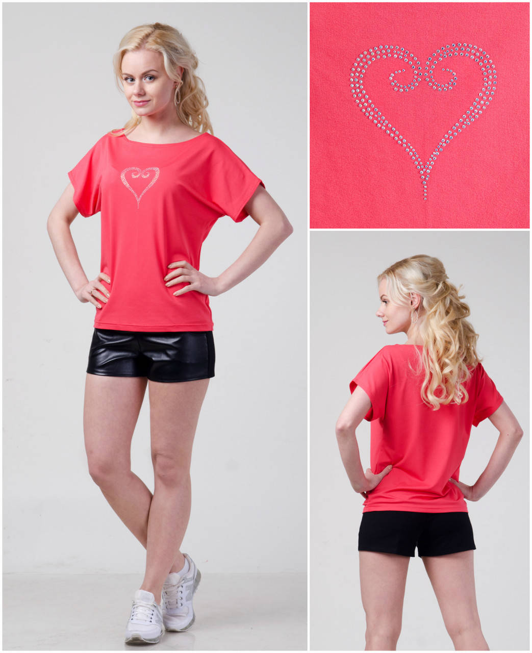 

Женская Футболка - Хулиганка, стразы - сердце маленькое, коралловая, Коралловый
