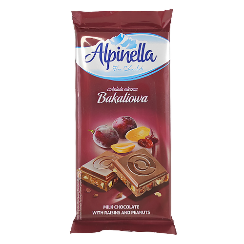 

Шоколад Альпінелла арахіс з ізюмом Alpinella bakaliowa 90g 21шт/ящ (Код : 00-00003440)