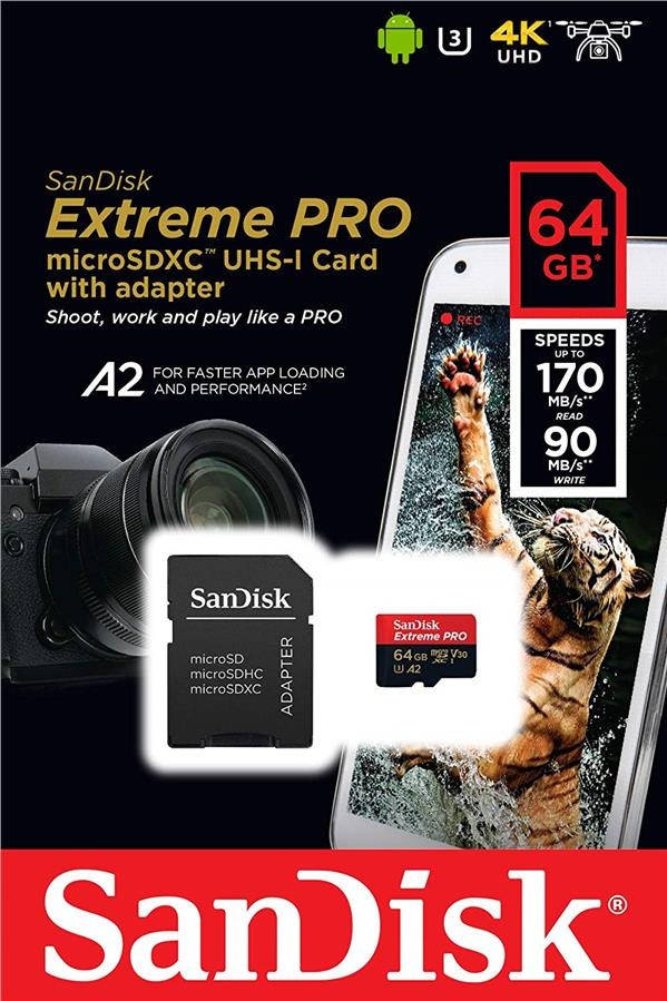 

Карта памяти 64 Гб | Тип microSDXC | SanDisk 64Gb Class 10 UHS-I U3 R170/W90MB/s Extreme Pro V30 + SD