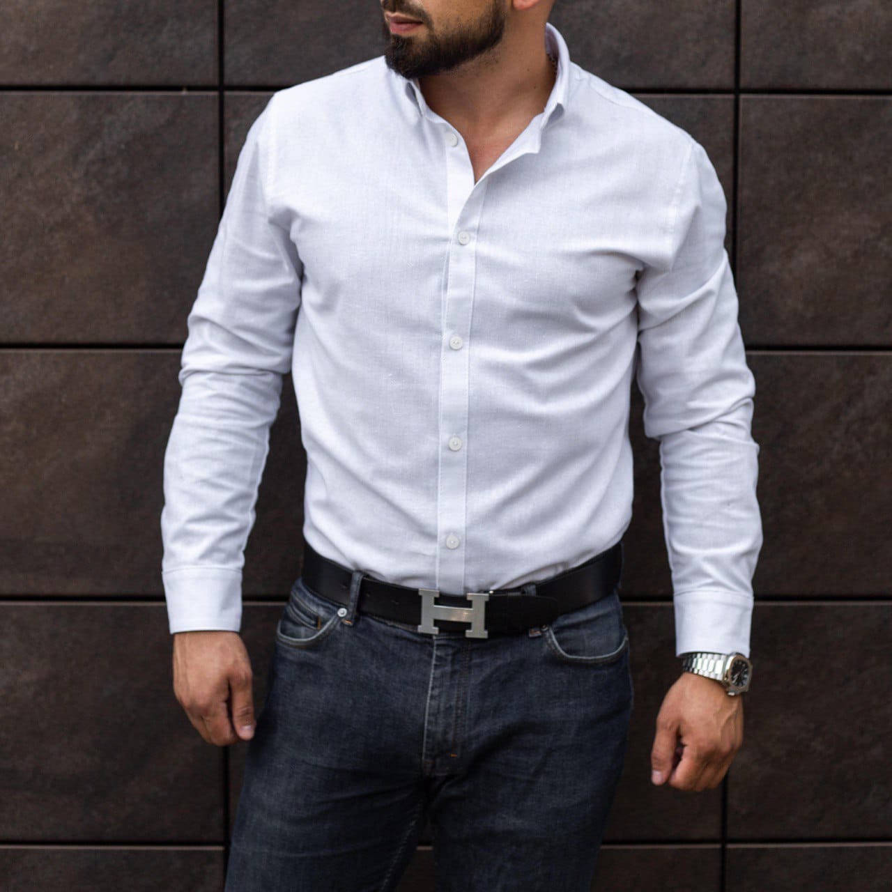 

Рубашка мужская летняя льняная с длинным рукавом классическая белая / ЛЮКС качества, Белый