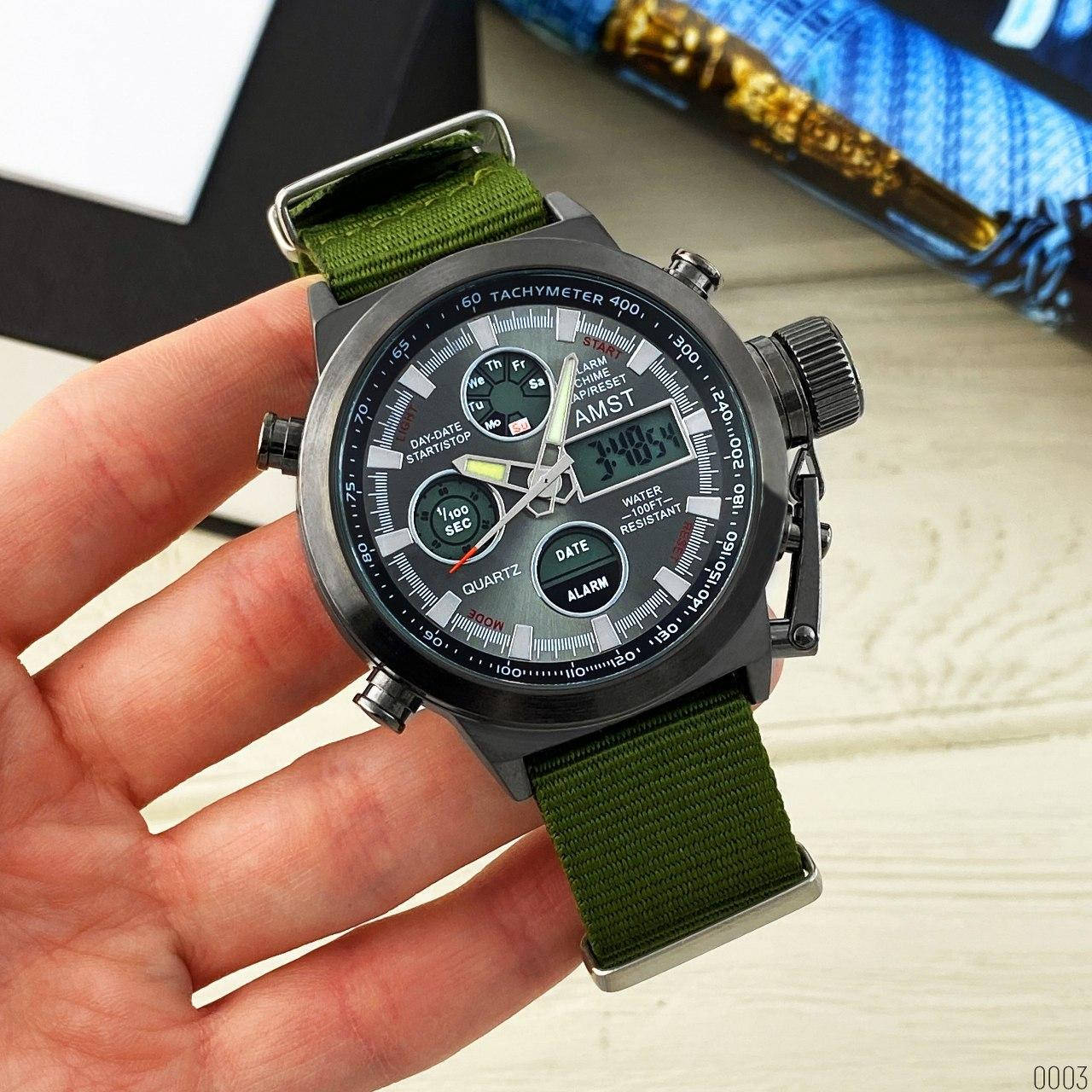 

Мужские армейские часы AMST 3003А Black-Black Green Wristband наручные водостойкие