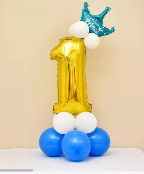 

Цифра 1 золото на стойке с шариками и голубой короной