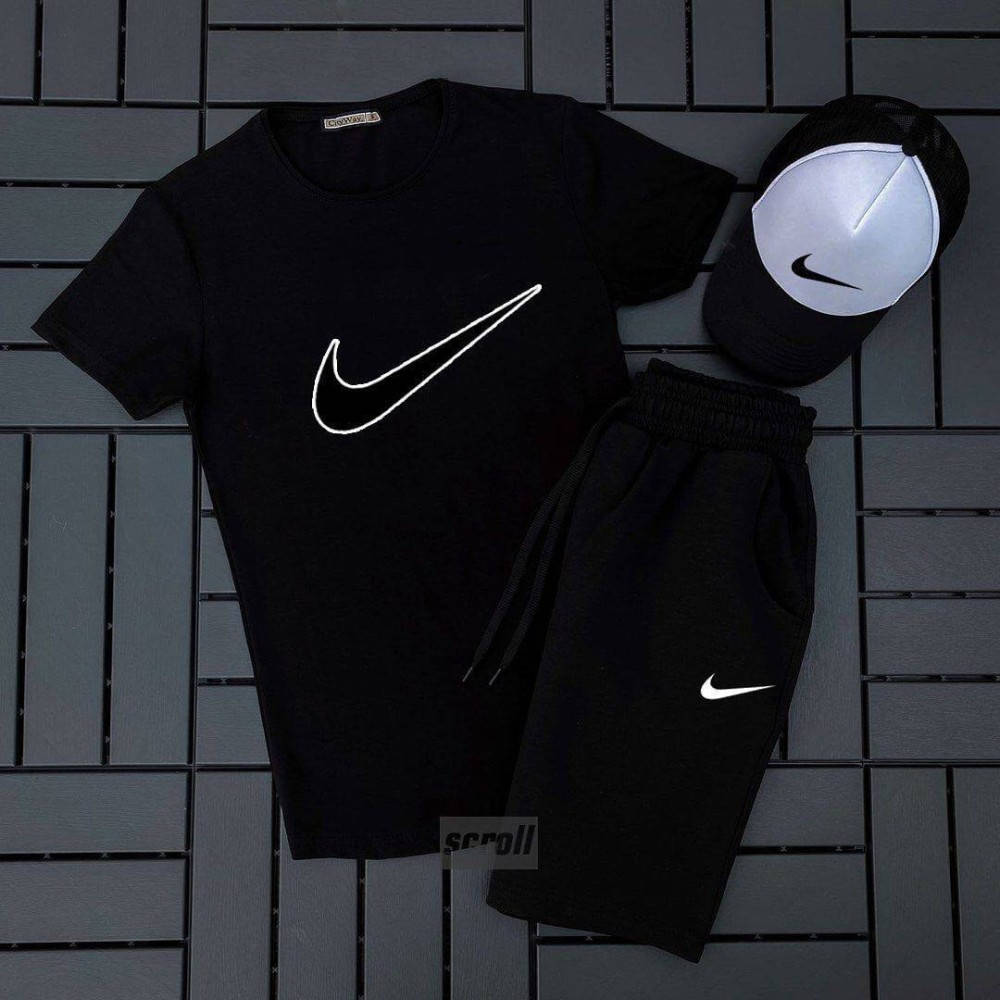 

Комплект Nike футболка чорна +шорти чорна+кепка чорно белая, Белый