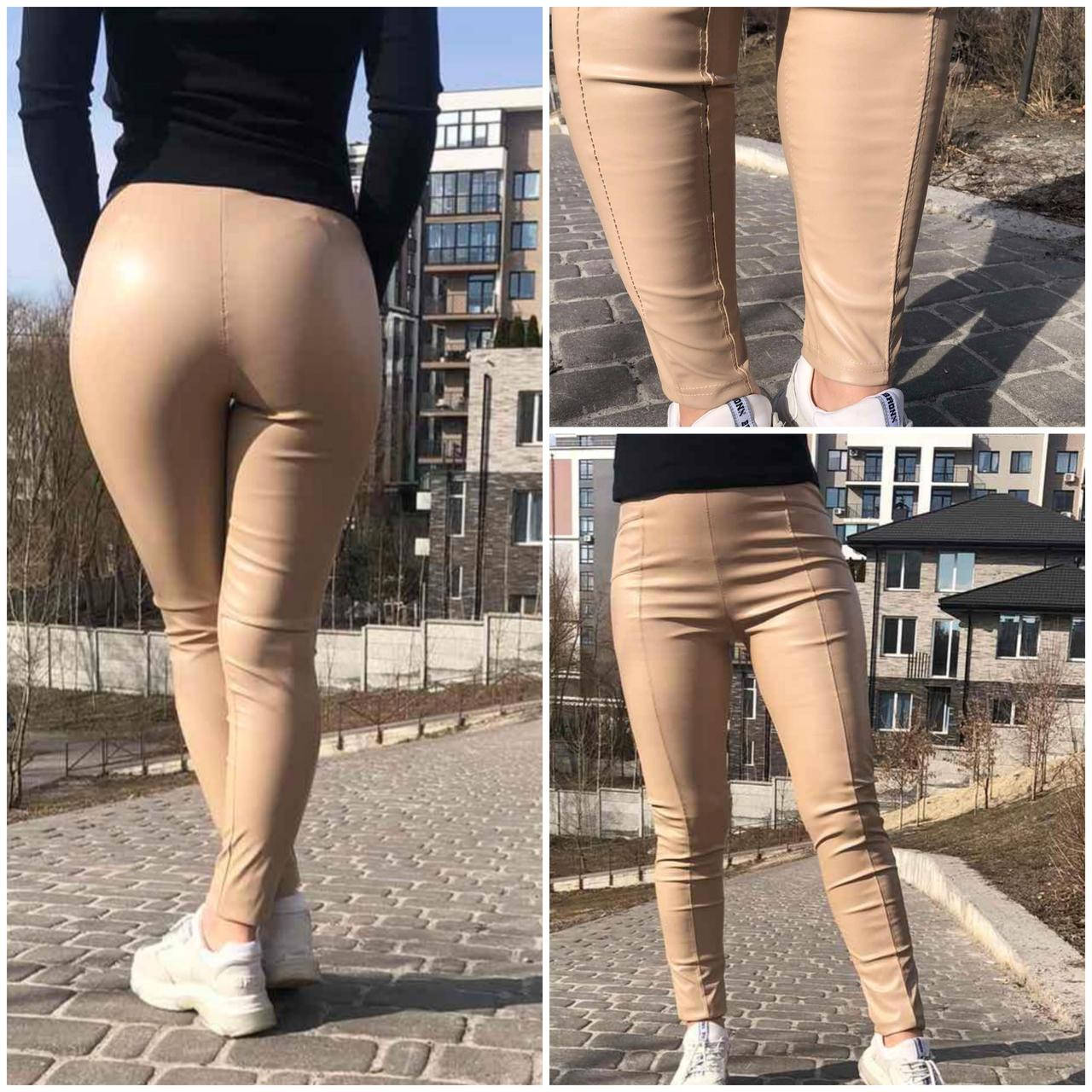 

Женские лосины без карманов Экокожа, высокая талия. Размеры S M L XL, Черный