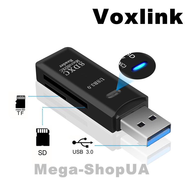 

Внешний кард-ридер USB 3.0 для MicroSD и SD. Картридер считыватель флеш-карт TF Card VB77C, Черный