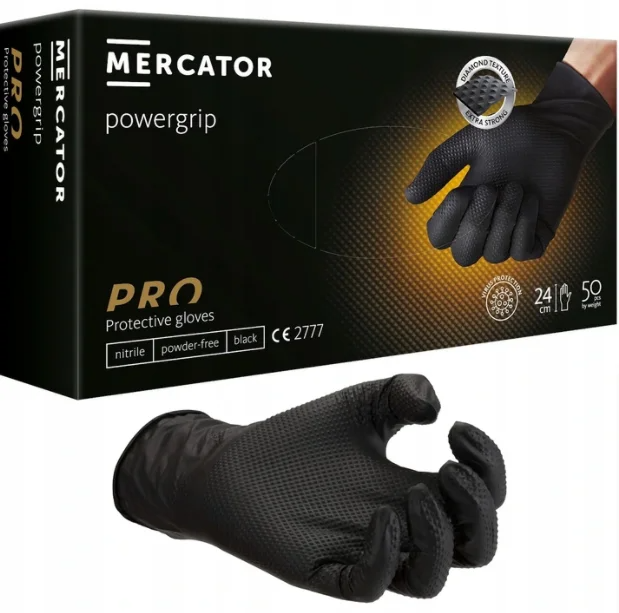 

Прочные перчатки нитриловые Powergrip black 50 шт., размер М, Черный