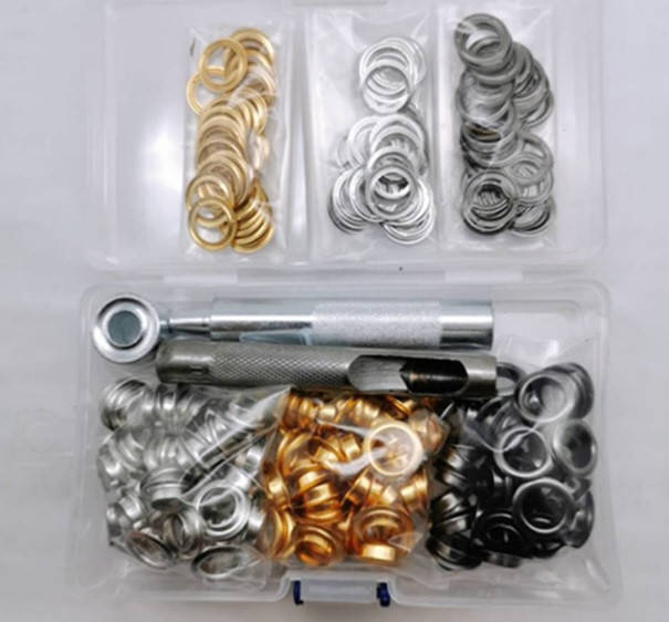 

Набор для установки люверсов 10 мм + 150 люверсов серебро золото никель