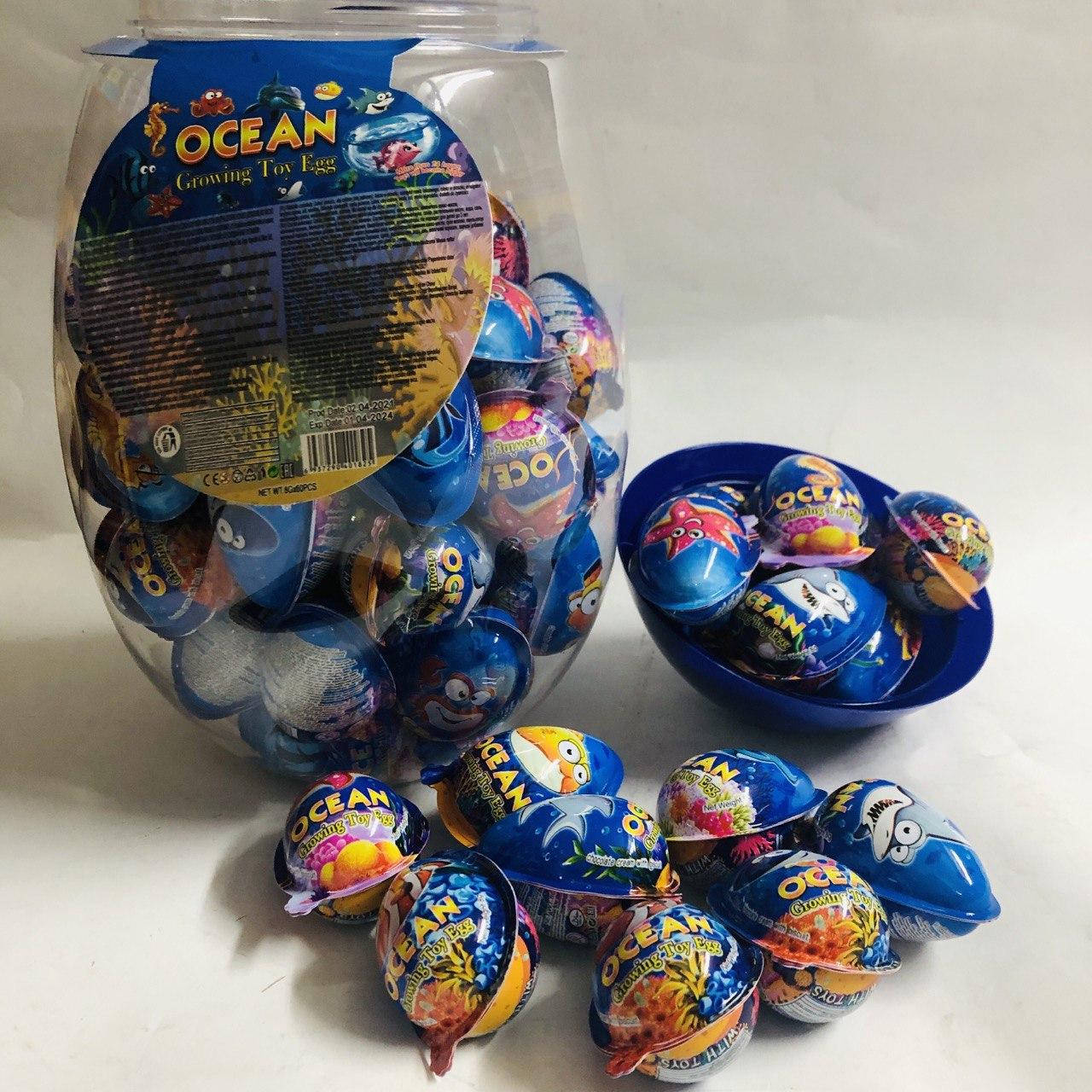 

Пластиковые яйца в банке ОКЕАН с игрушкой-ВЫРОСТАЙКА 60 шт
