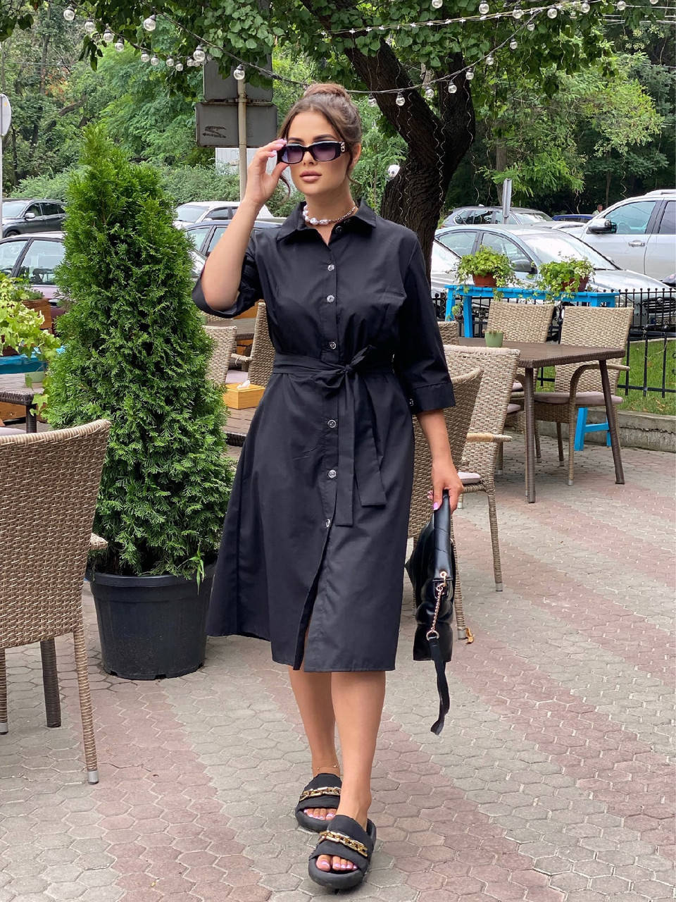 

Стильное черное коттоновое платье, женское платье на пуговицах с поясом, модное летнее платье коттон