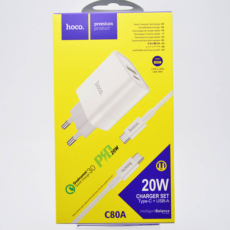

Зарядное устройство Hoco C80A Rapido Type-C PD20W USB QC3.0 с кабелем Type-C to Type-C White, Белый