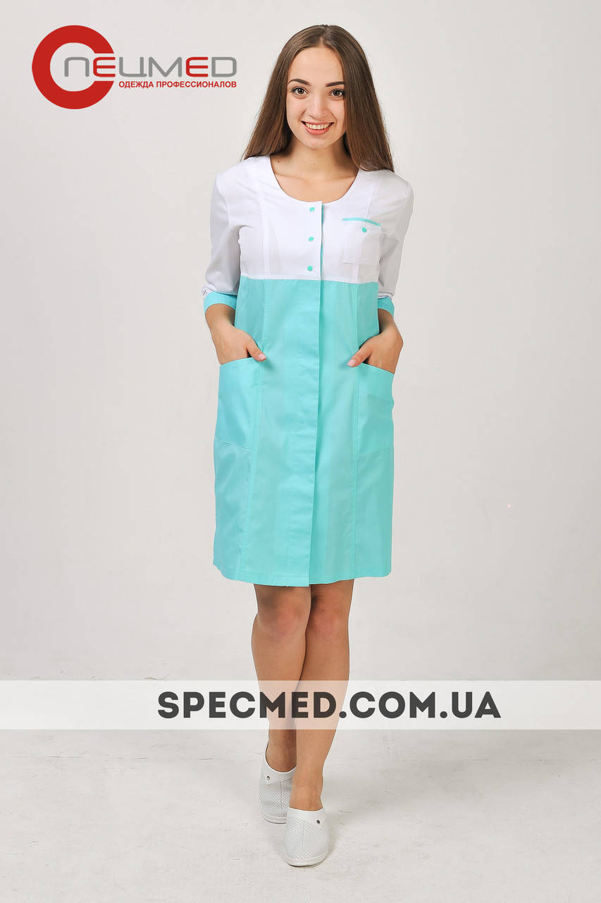 

Женский медицинский халат Фламинго рукав 3/4,застежка кнопки ELIT COTTON Белый/ментол