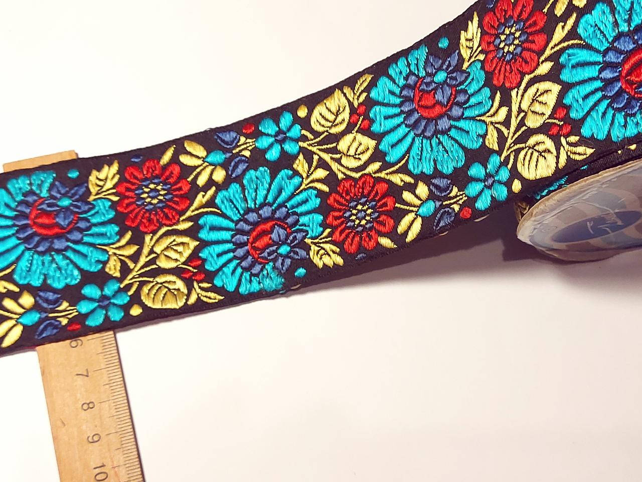 

Тесьма декоративная жаккардовая с орнаментом. Тесьма с вышивкой 6 см. "Бирюзовые цветы", Разные цвета