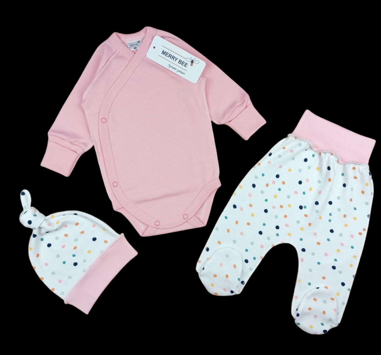 

Комплект 3в1: боді з довгим рукавом, повзунки, шапочка, інтерлок ТМ "Merry bee"