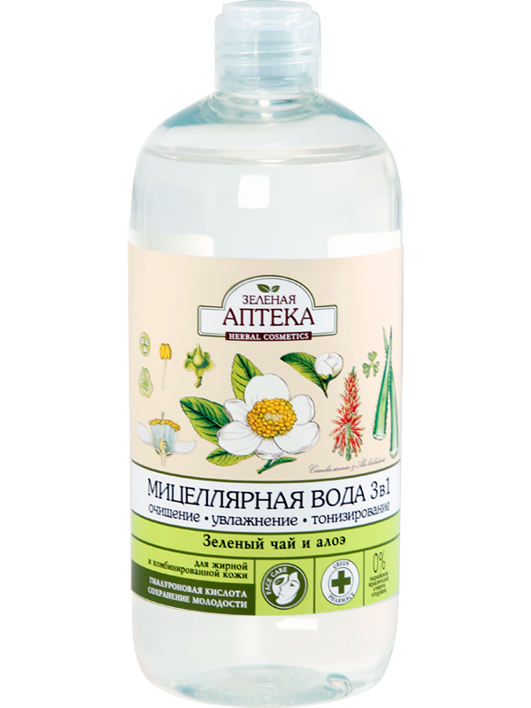 

Мицеллярная вода для лица 3в1 «Зеленый чай и алоэ» 500мл Зеленая Аптека