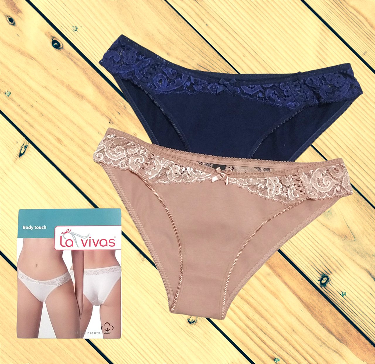 

Трусики женские с кружевом La Vivas в упаковке 2шт синий+пудра Размеры L XL