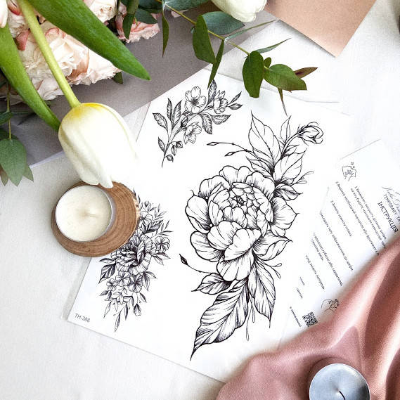

Временная флеш тату черная - BLACK PEONIES 1, 15х21 см