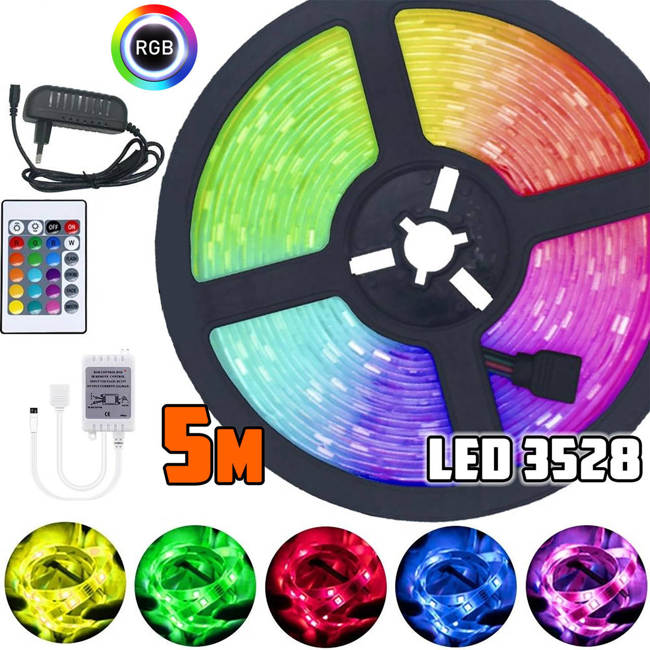 

Многоцветная светодиодная LED лента RGB Light-in 3528 комплект с пультом и блоком питания 5м AVK