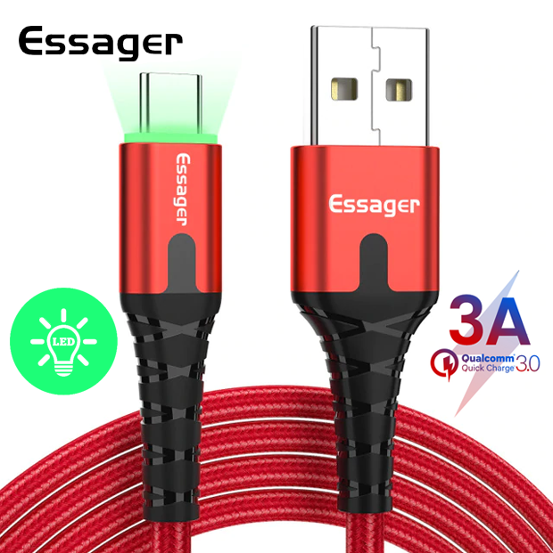 

Зарядный кабель с подсветкой красный ESSAGER USB Type-C 3A 1метр