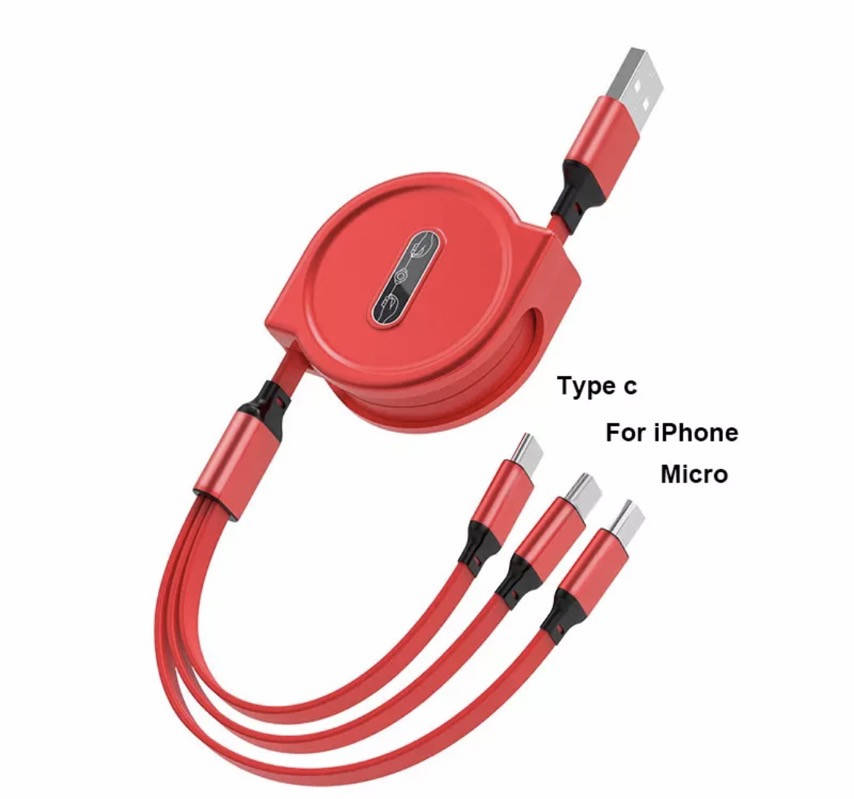 

Шнур, кабель USB зарядки 3 в 1 . рулетка, красный цвет