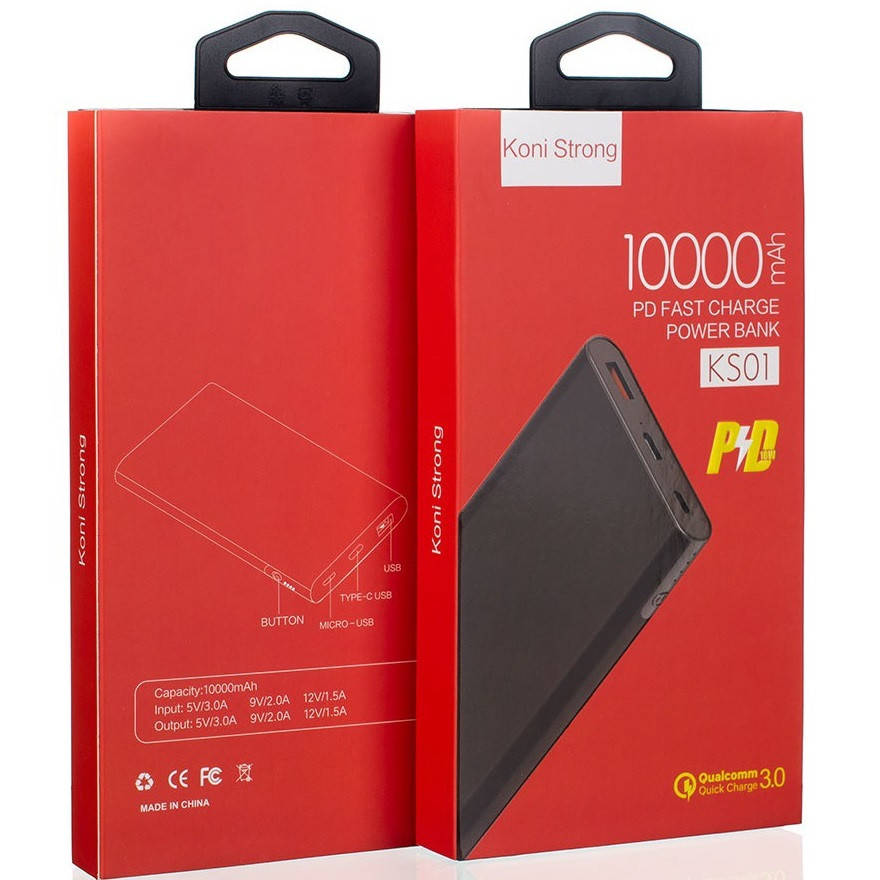 

Повербанк с быстрой зарядкой PD3.0/QC3.0 Koni Strong KS01 10000mAh |PD/QC3.0, 3A, 1Type-C/1USB| Черный