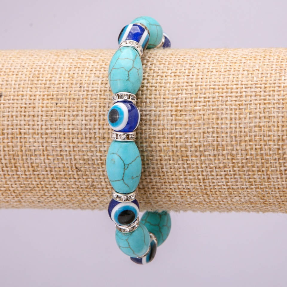 

Браслет-Оберег Бирюза с синими Глазиками на резинке d-11х17(+-)мм L-18см с вставками и стразами