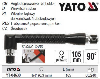 

Адаптер держатель бит YATO Польша магнит 1/4" 90° l=105 мм YT-04630